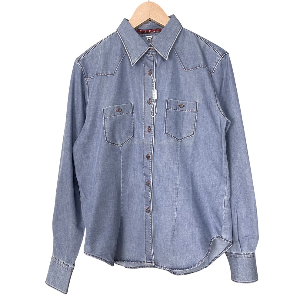 Western Shirt Women Blue Long Sleeve Button Down NWT FLAWS Made in Italy Classic